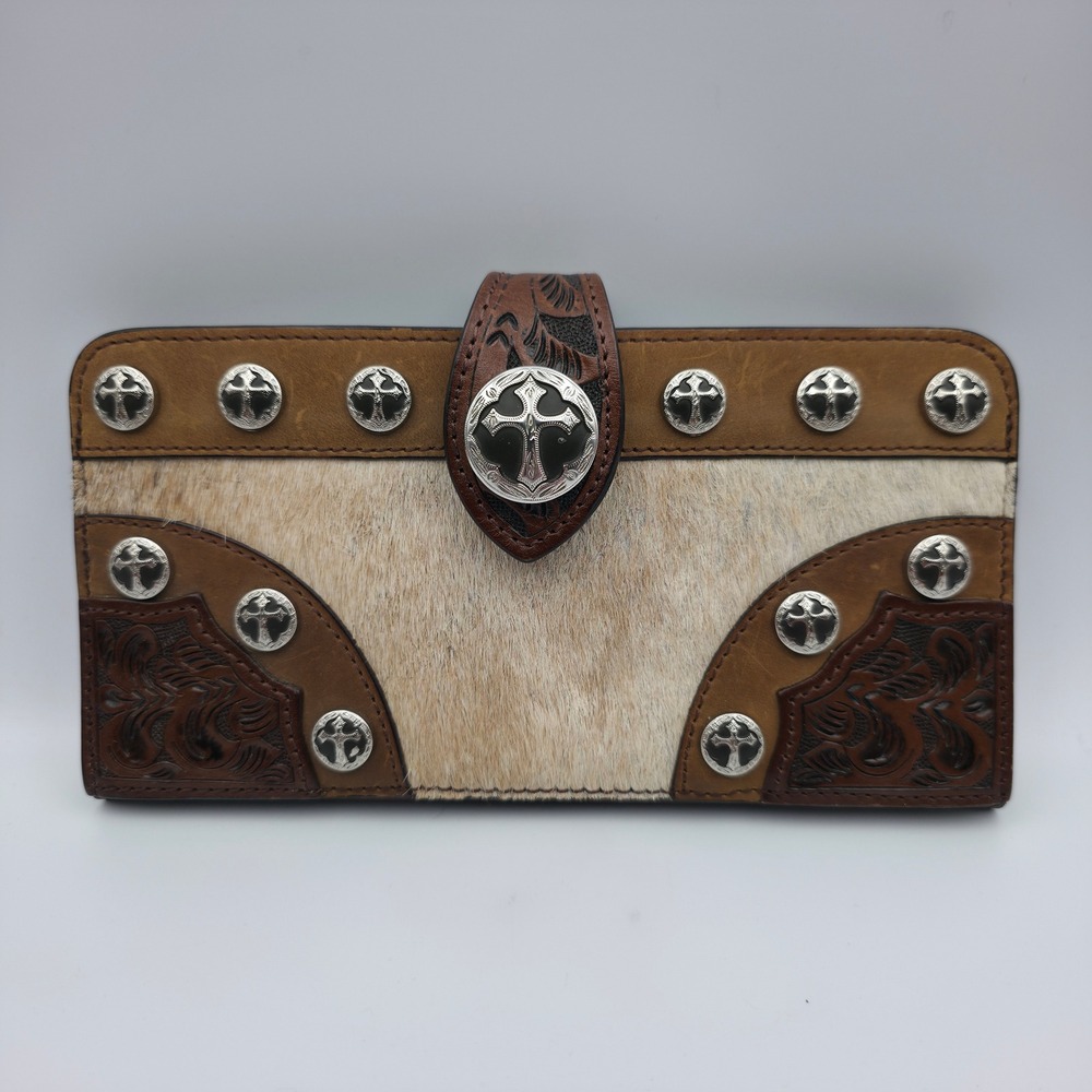 3D Belt Co Womens Brown Handtooled Leather Cowhide Cross Concho Bifold Wallet